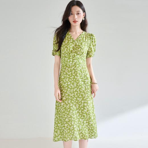 「高货sh」全新升级【铂金会员293/天猫399/差价106】(05046)洛诗琳夏季牛油果绿碎花茶歇裙2025收腰显瘦V领碎花连衣裙 商品图1