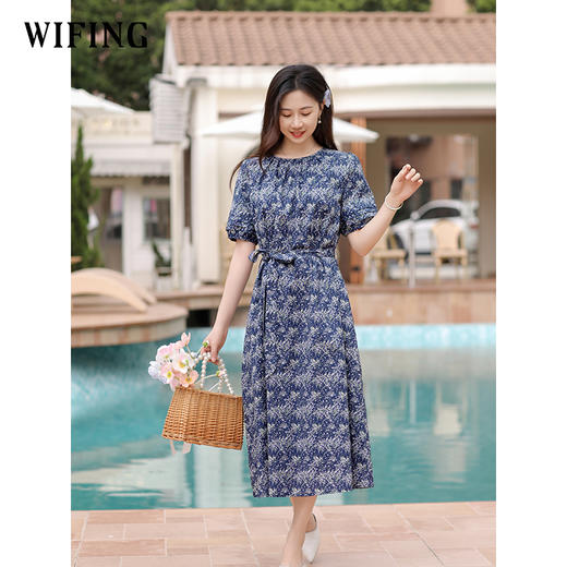 未风蓝色纯棉碎花连衣裙女夏2025新款夏季女装气质泡泡袖收腰裙子 商品图3