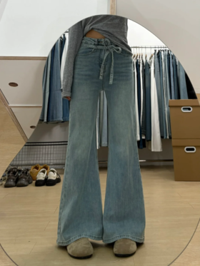 <曾小咸推荐>【腿精秘器】绑带微喇阔腿牛仔裤 