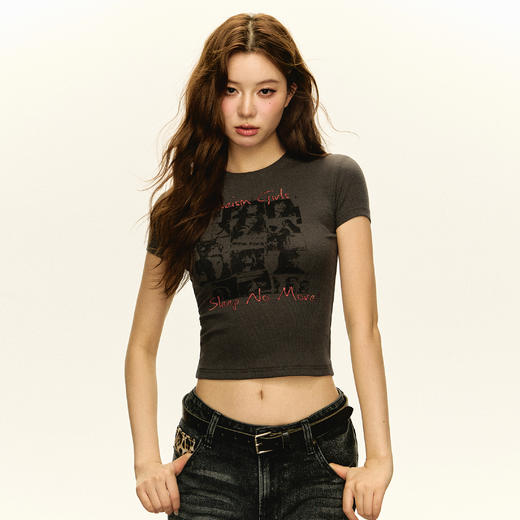 Ariseism  美式复古辣妹印花圆领短袖t恤女夏季新款修身短款上衣 商品图2