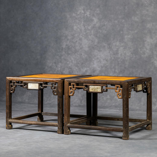 清中期	紫檀镶云石拐子纹四面平大禅凳（一对） 商品图1