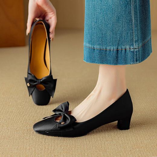 【预售5天】法式蝴蝶结浅口粗跟单鞋，配裙子真皮高跟鞋NJMK&K1313 商品图0