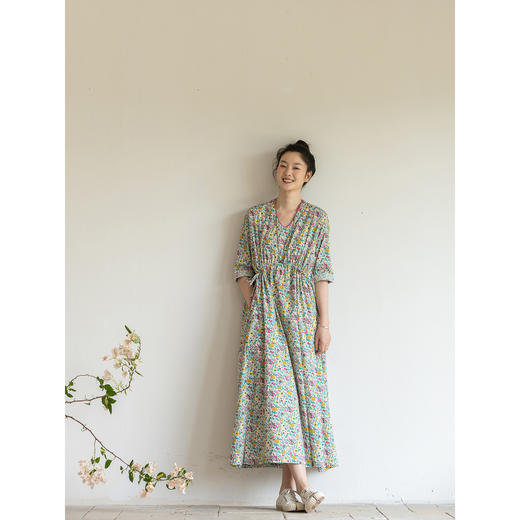 牧衣游原创 小碎花纯棉连衣裙夏日轻薄设计感文艺气质碎花裙 竹青 商品图2