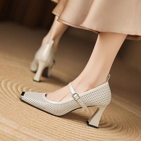 【预售5天】头层牛皮方头粗跟高跟鞋真皮浅口金属头镂空一字带单鞋玛丽珍鞋女LD&7336