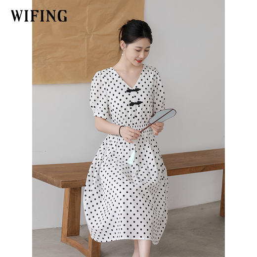 未风白色棉布新中式波点连衣裙女夏2025新款夏季气质收腰遮肚裙子 商品图1