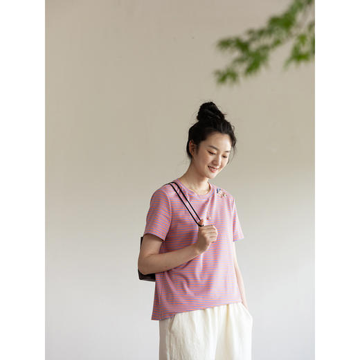 牧衣游原创条纹纯棉T恤女夏轻薄舒适经典新品休闲百搭短袖 小桃夭 商品图3