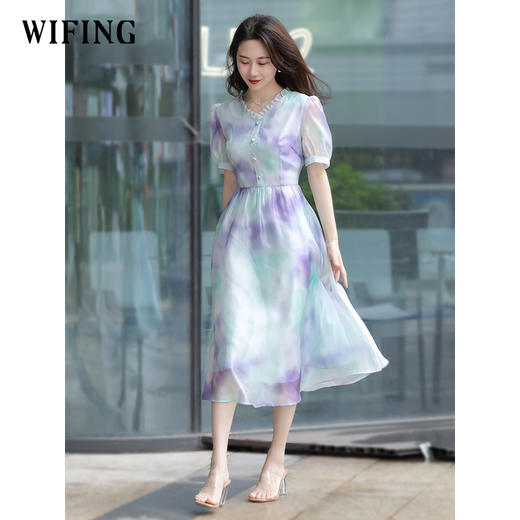 未风雪纺印花渐变连衣裙女夏2025夏季新款气质泡泡袖减龄显瘦裙子 商品图2