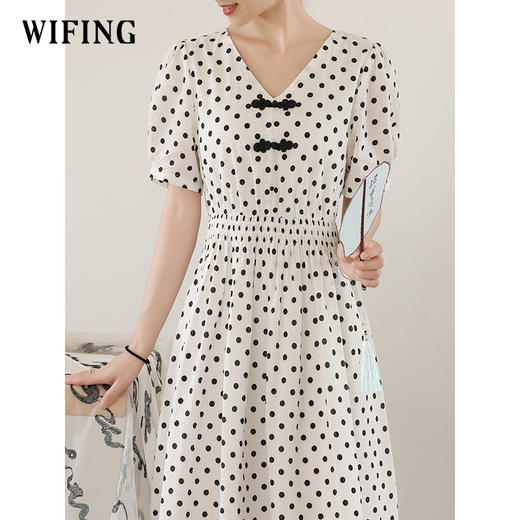 未风白色棉布新中式波点连衣裙女夏2025新款夏季气质收腰遮肚裙子 商品图2