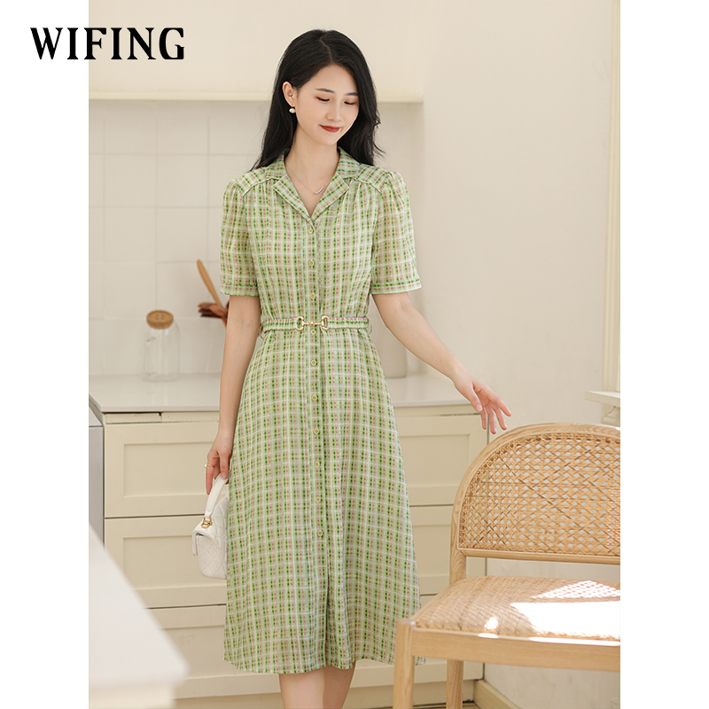 未风绿色格子西装领连衣裙女夏2025年夏季新款气质小个子显高裙子