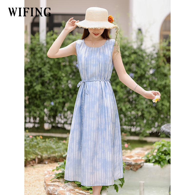 未风蓝色晕染连衣裙2025年新款女装背带裙子女夏季气质圆领背心裙