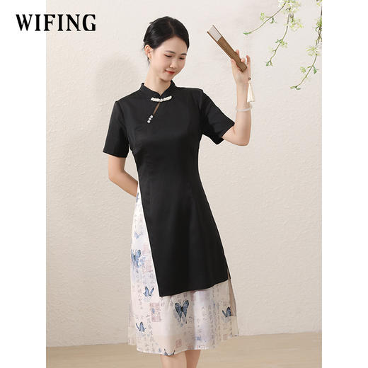 未风黑色改良旗袍连衣裙女2025新款夏季新中式假两件国风显瘦裙子 商品图0