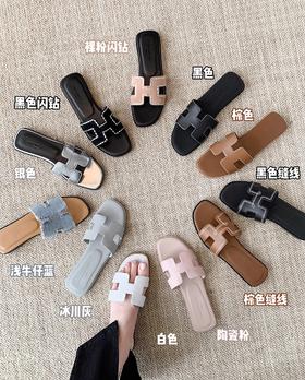 养马女孩！高级感水钻方头H型进口牛皮羊皮底沙滩休闲百搭凉拖鞋！