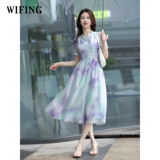 未风雪纺印花渐变连衣裙女夏2025夏季新款气质泡泡袖减龄显瘦裙子 商品图1