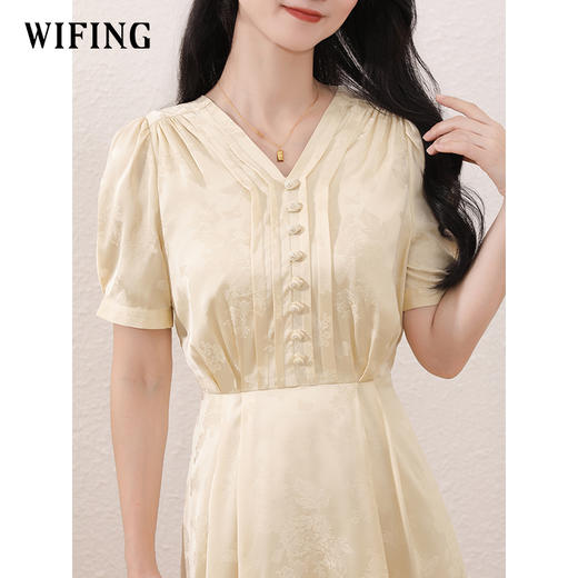 未风杏色泡泡袖连衣裙女夏2025新款夏季女装时尚简约显瘦短袖裙子 商品图1