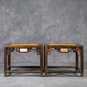 清中期	紫檀镶云石拐子纹四面平大禅凳（一对）