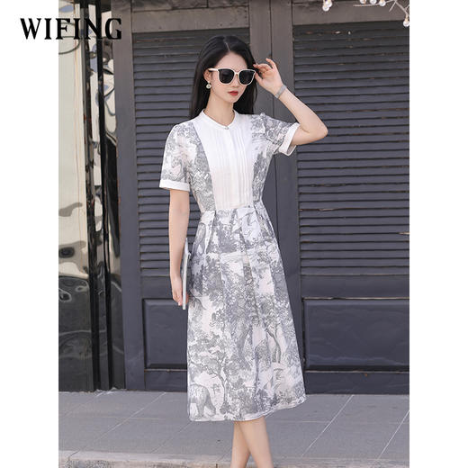 未风印花高腰显瘦连衣裙女夏2025年夏季新款女装气质法式圆领裙子 商品图1