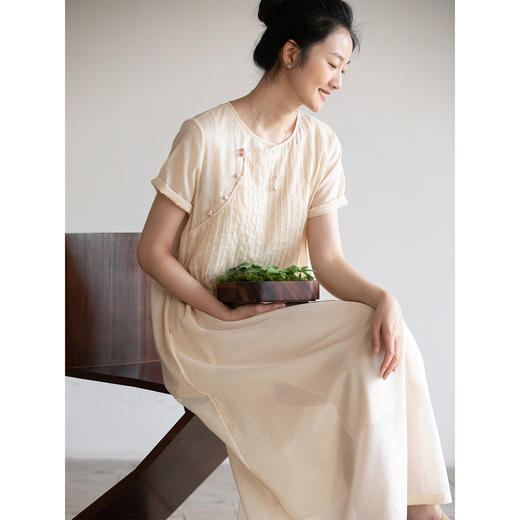 牧衣游原创100支精细纯棉打条连衣裙轻薄复古新中式改良旗袍 三夏 商品图1