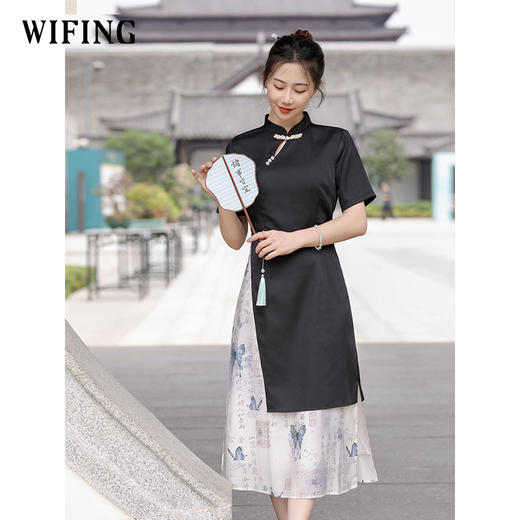 未风黑色改良旗袍连衣裙女2025新款夏季新中式假两件国风显瘦裙子 商品图2