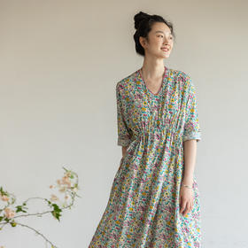 牧衣游原创 小碎花纯棉连衣裙夏日轻薄设计感文艺气质碎花裙 竹青