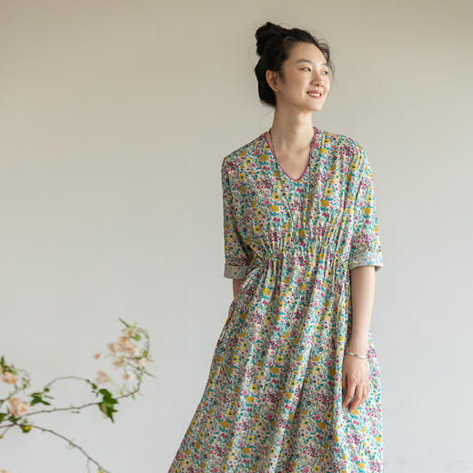 牧衣游原创 小碎花纯棉连衣裙夏日轻薄设计感文艺气质碎花裙 竹青 商品图0