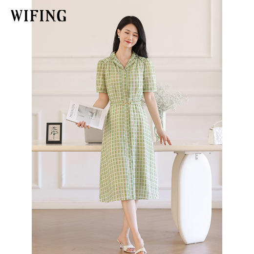未风绿色格子西装领连衣裙女夏2025年夏季新款气质小个子显高裙子 商品图2