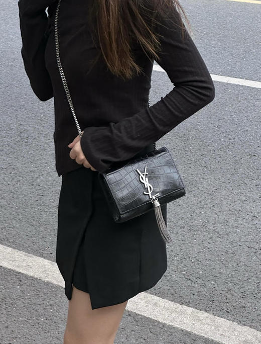 YSL Kate 黑银 鳄鱼压纹 牛皮 mini 流苏 商品图3
