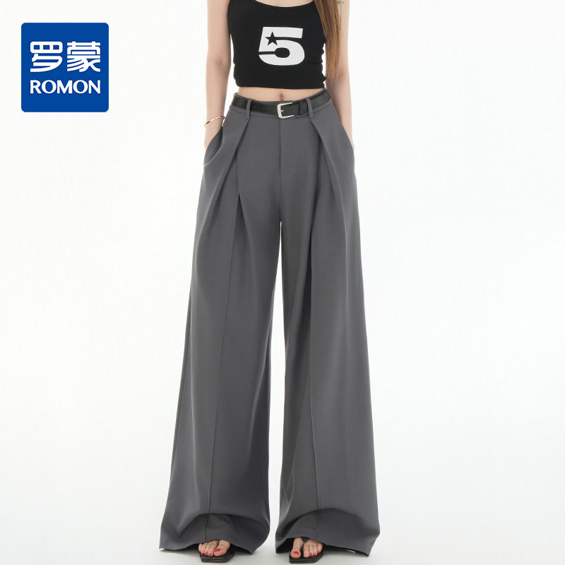 罗蒙女士春夏休闲西裤高腰宽松显瘦阔腿长裤休闲通勤女九分裤