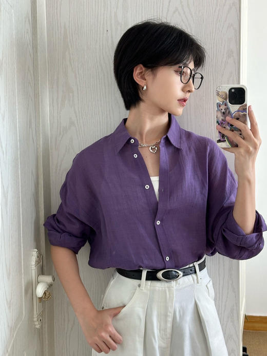 治愈贵妇紫老钱风棉麻衬衫防晒衫 商品图7