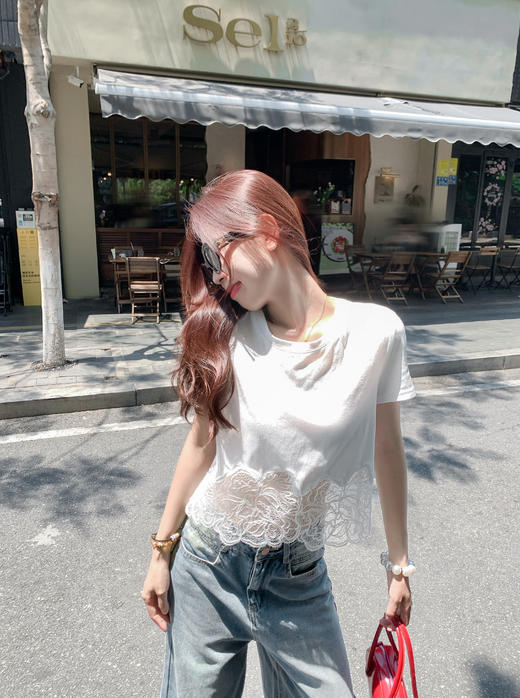 <曾小咸推荐>纯欲不规则蕾丝花边短袖T恤 商品图6