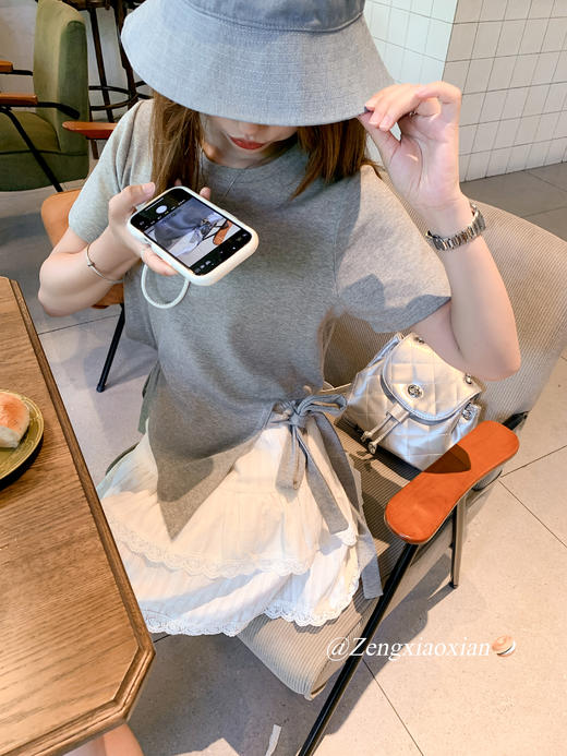 <曾小咸推荐>甜辣不规则下摆绑带圆领短袖T恤 商品图8