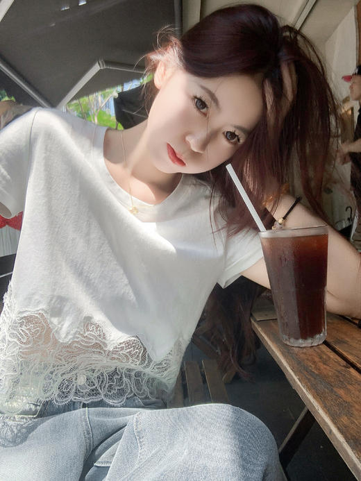 <曾小咸推荐>纯欲不规则蕾丝花边短袖T恤 商品图10