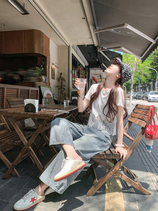 <曾小咸推荐>纯欲不规则蕾丝花边短袖T恤 商品图9