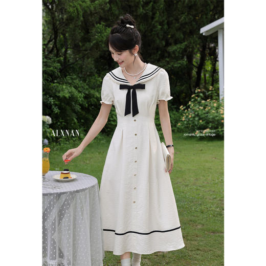 鹿向南「航海日记」夏季学院风女短袖连衣裙时尚气质显瘦法式长裙 商品图0