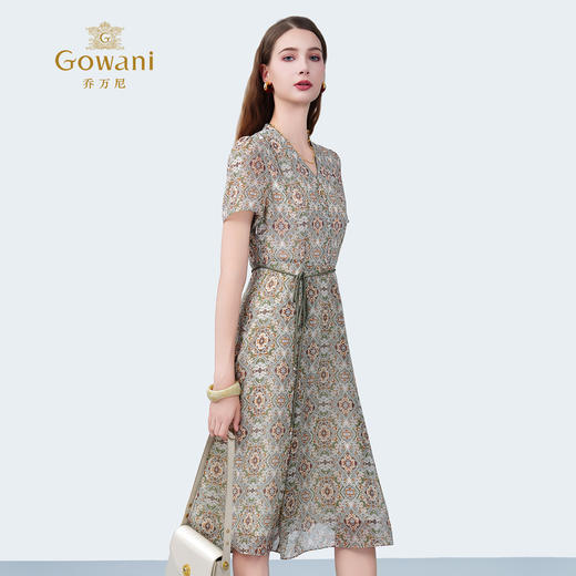 乔万尼新品法式V领印花收腰中长连衣裙ED2E488 商品图2
