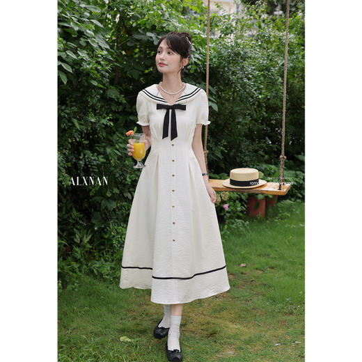 鹿向南「航海日记」夏季学院风女短袖连衣裙时尚气质显瘦法式长裙 商品图2