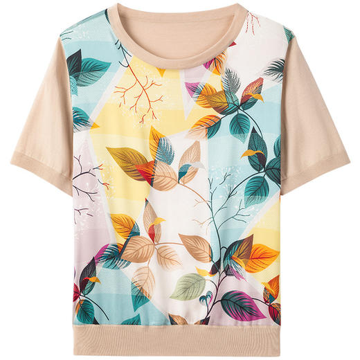 丁摩桑蚕丝针织T恤薄款圆领真丝上衣女印花短袖套头衫ALJ62535 商品图3