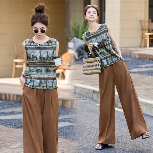 夏装复古老钱风气质圆领印花背心休闲阔腿裤套装女  HPT-CPYY8151 商品图3