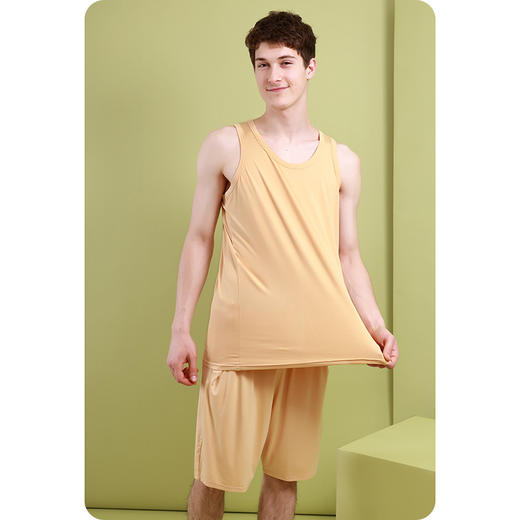 【居家服】【DF】男夏新款5A抗菌除臭艾草防蚊弹力加肥大码休闲居家宽背心短裤套服 商品图0