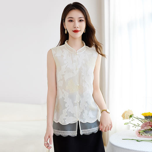 丁摩 【真丝剪花】新中式乔其剪花无袖马甲上衣9262 商品图5