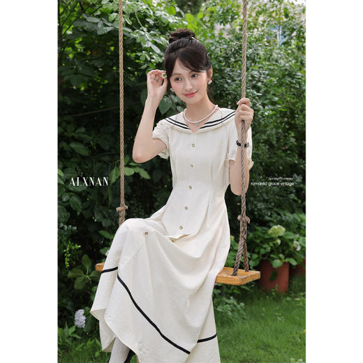 鹿向南「航海日记」夏季学院风女短袖连衣裙时尚气质显瘦法式长裙 商品图4