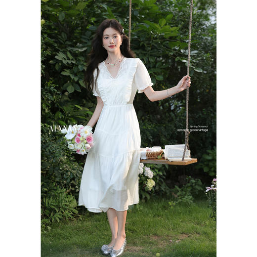 鹿向南「月光变奏曲」法式连衣裙女夏季小飞袖收腰米白色短袖长裙 商品图2