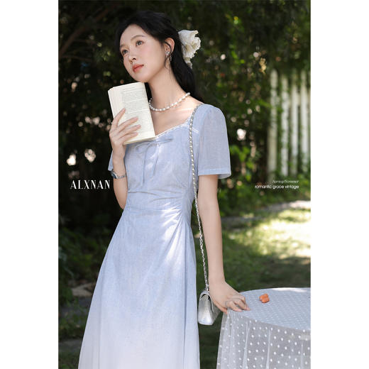 鹿向南「浦月少女」法式浅蓝色短袖连衣裙夏季新款时尚收腰长裙女DYL661807 商品图1