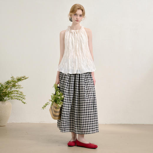 法式复古优雅串珠木耳边挂脖领压花衬衫女夏季捏褶衬衣V1050636 商品图1