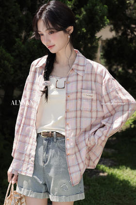 鹿向南「童话镇」粉色格子防晒衬衫女夏新款长袖衬衣薄款外套上衣