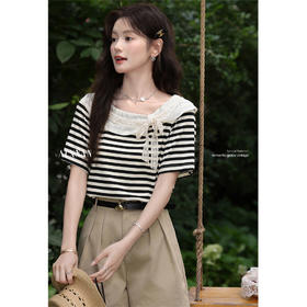 鹿向南「奥利奥奶盖」黑白条纹T恤女夏新款短袖正肩独特别致上衣