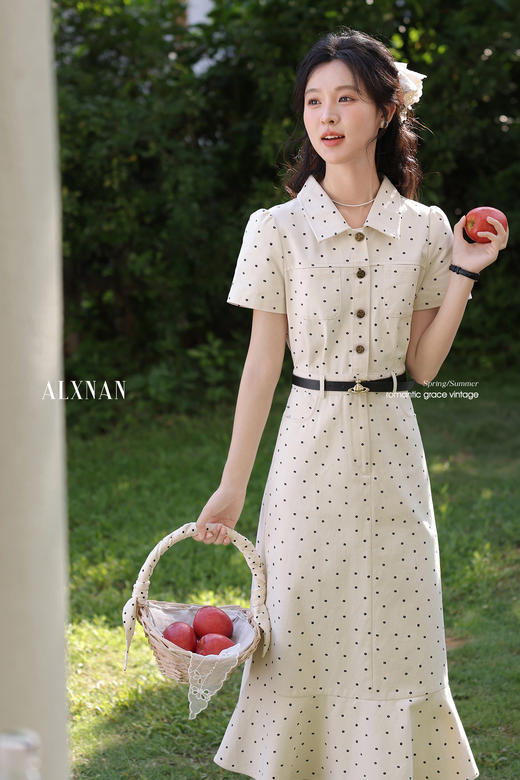 【65折秒杀】鹿向南「华扬波点」法式波点连衣裙女夏季2025年掐腰短袖A字长裙QJD00374 商品图5