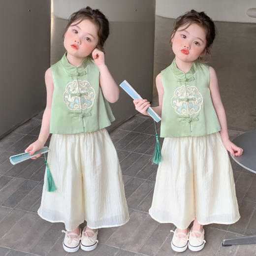 【立领汉服设计，时尚又经典！】女童立领汉服阔腿裤套装 夏季新款时尚小女孩洋气两件套 中小童套装-QQ 商品图1