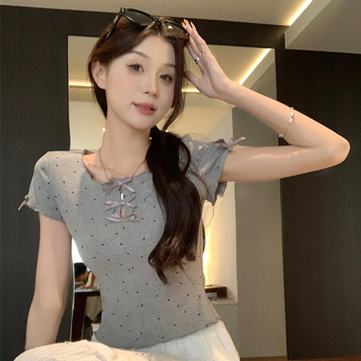 西遇波点短袖T恤女夏季新款蝴蝶结正肩修身显瘦短款上衣SS050877 商品图1