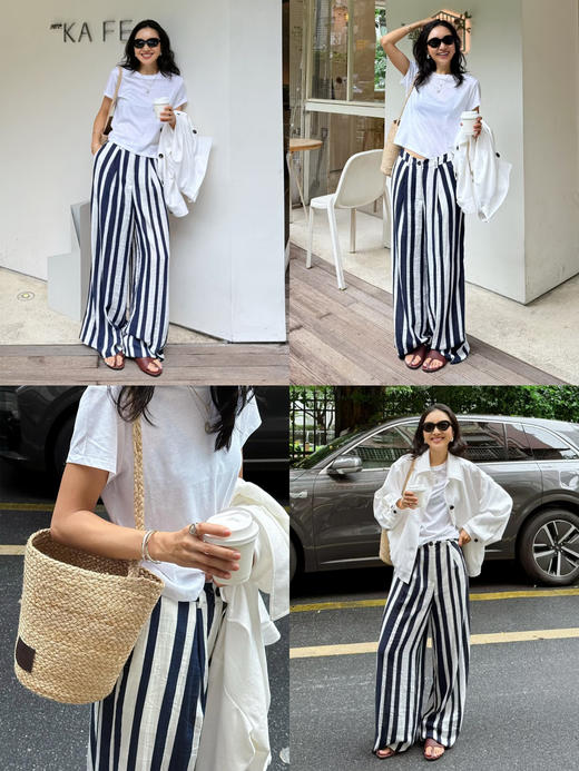 HIDEMI 度假系列慵懒蓝白条纹多重水洗条纹长款衬衫裙阔腿裤套装 商品图4