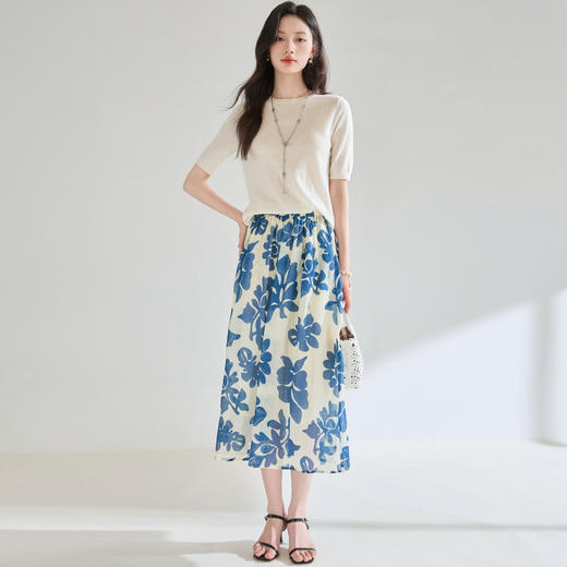 「高货sh」全新升级【铂金会员312/天猫419/差价107】(02802)洛诗琳苎麻印花垂感半身裙2025夏季轻盈空氣感度假风半裙 商品图3